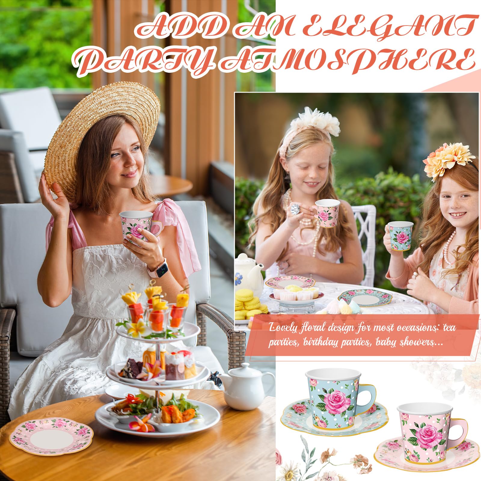 Umigy 60 Sets Mother's Day Tea Party Decorations 9 oz Floral Paper Teacups & Saucer Set for Girls Women Tea Parties Mothers Day Bridal Shower Wedding Birthday Party Decorations(Pink, Blue)
