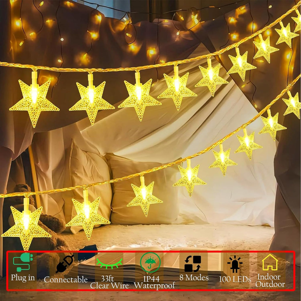 Plun Fairy Star String Lights - 100 LED Waterproof Twinkle Lights | 8 Modes for Indoor & Outdoor Decor