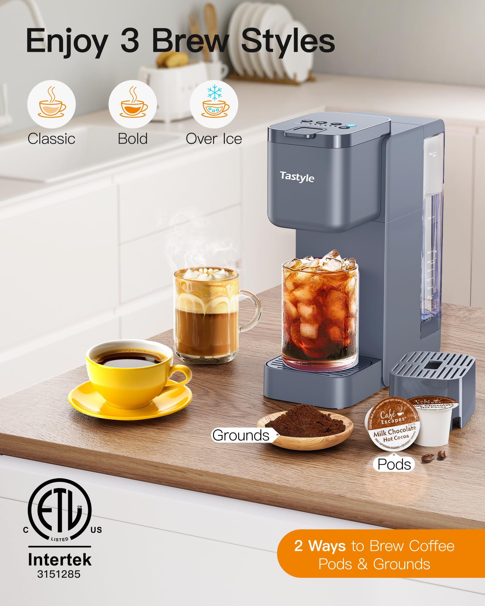 Tastyle Single Serve Hot & Iced Coffee Maker with Strong Brew, 40oz Removable Reservoir, 6 Brew Sizes, Compatible with K Cup and Grounds, Compact for Home, Office, RV and Dorm, Black (2.0 Version)