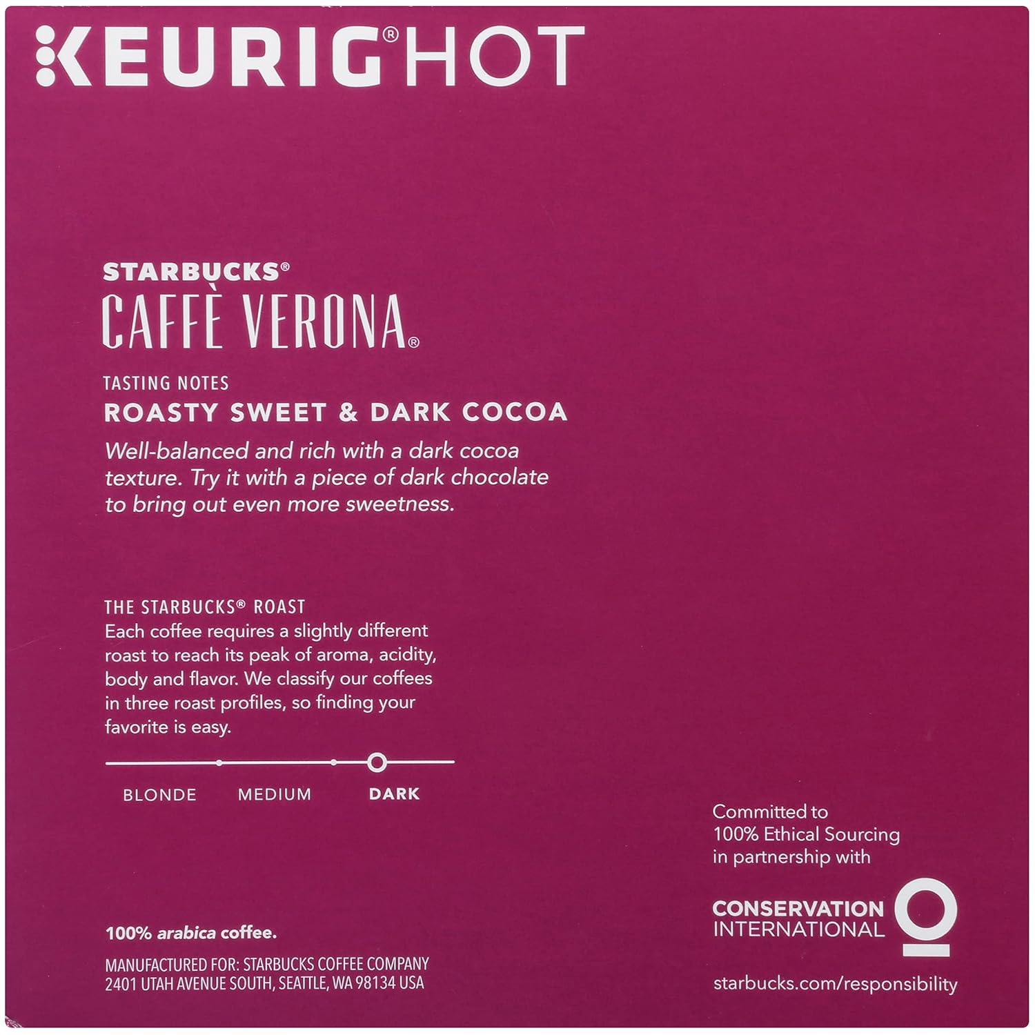 Starbucks Caffe Verona K-Cup Pods - Rich, Dark Roast Coffee - 32 Count Pack