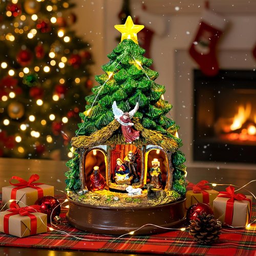 Candieslife Musical Christmas Tree - Rotating Nativity Scene with LED Star Light | Tabletop Decor Gift