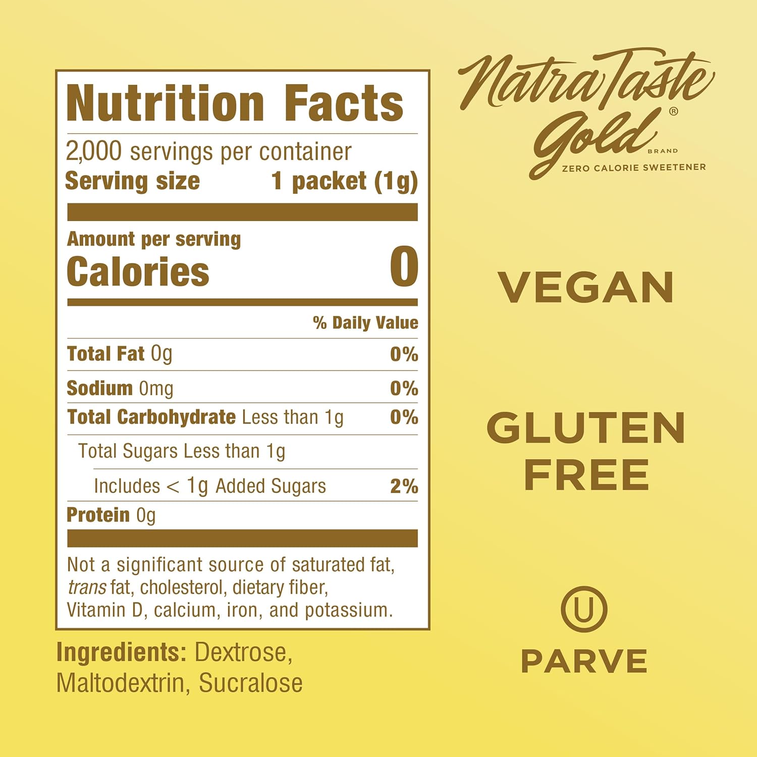 NatraTaste Gold Zero Calorie Sucralose Sweetener Packets - 2000 Count | Gluten-Free, Vegan Sugar Substitute for Drinks and Baking