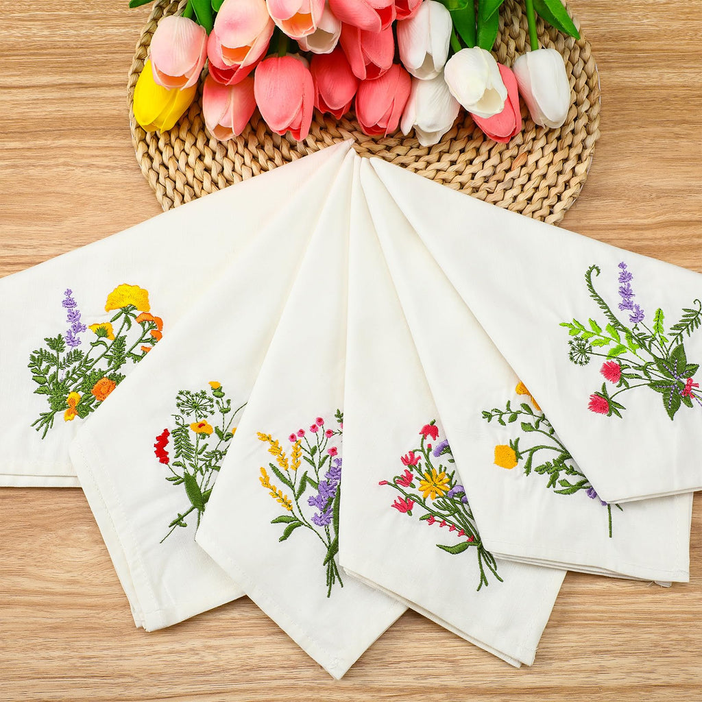 Tioncy 18 Pcs Floral Embroidery Napkins 18" Embroidery Flower Linen Cotton Napkin Bulk for Wedding Tea Cocktail Spring Flower Birthday Party Table Centerpiece Mexican Kitchen Curtain Decor (White)