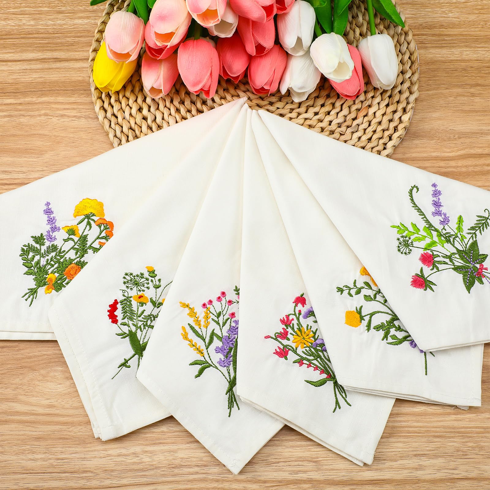 Tioncy 18 Pcs Floral Embroidery Napkins 18" Embroidery Flower Linen Cotton Napkin Bulk for Wedding Tea Cocktail Spring Flower Birthday Party Table Centerpiece Mexican Kitchen Curtain Decor (White)