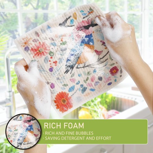 Yelasenari Swedish Dishcloths for Kitchen Reusable 6 Pack Kitchen Towels No Odor Quick-Drying Reusable Paper Towels Reusable Paper Towels Washable for Countertop Sink Kitchen Flower Bird