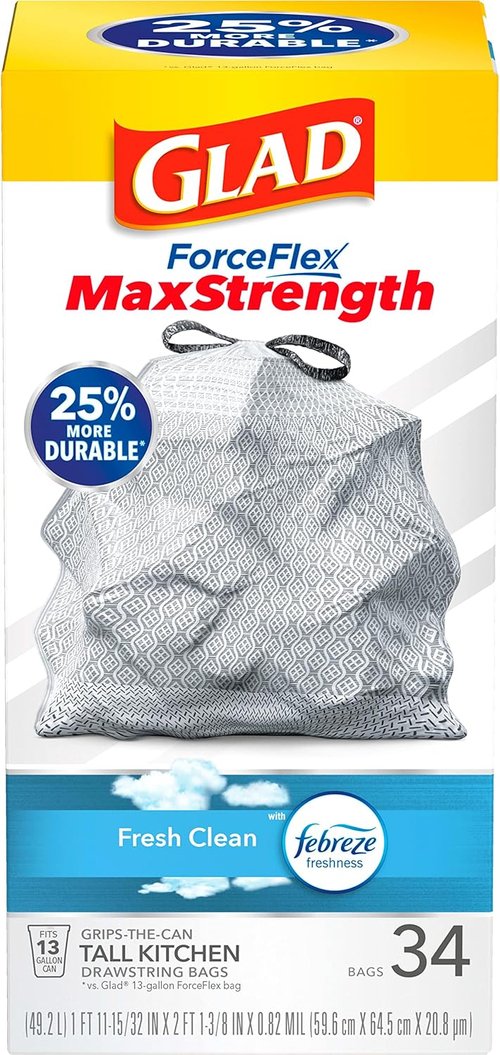 Glad ForceFlex MaxStrength Tall Kitchen Trash Bags - 13 Gallon, Fresh Clean Scent with Febreze, 34 Count