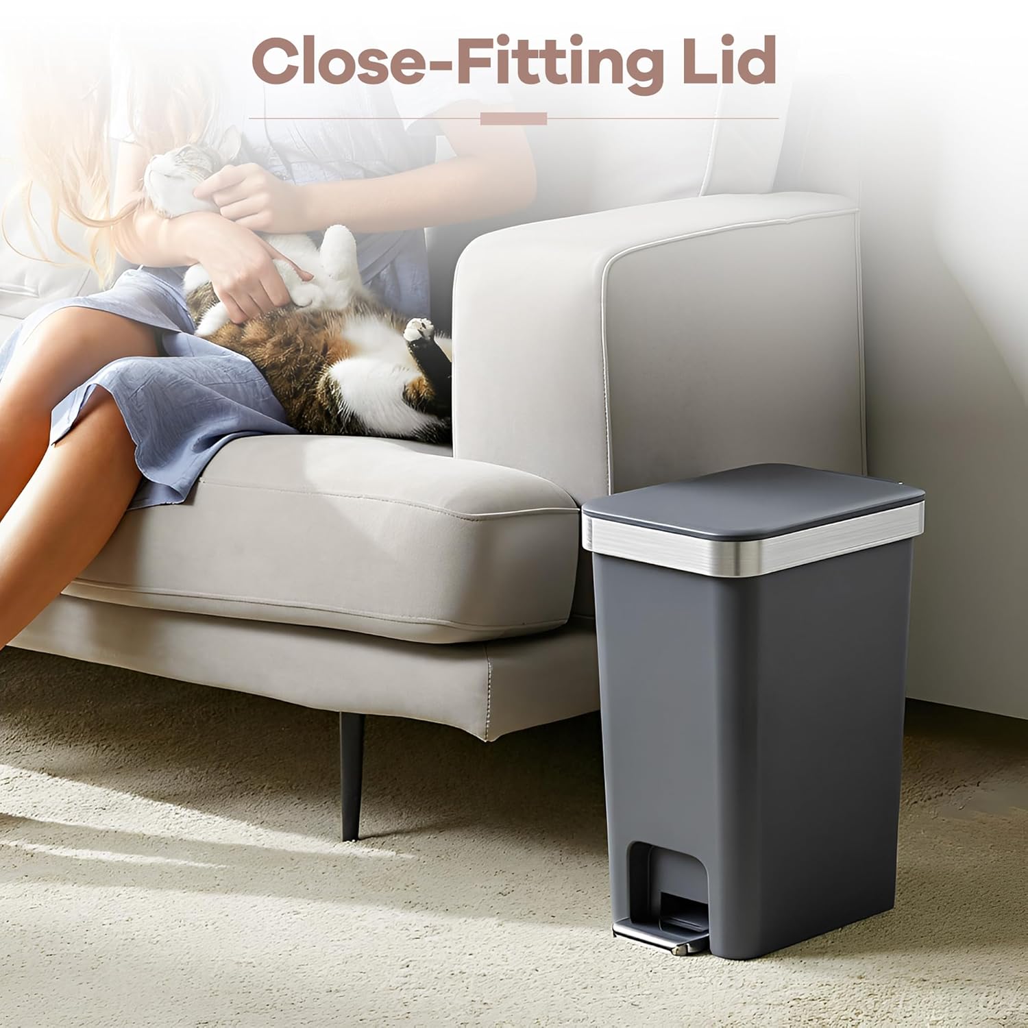 Regine Switzerland Slim Bathroom Trash Can - Soft Close Lid, 10L/2.6 Gallon, Modern Dark Gray Waste Basket