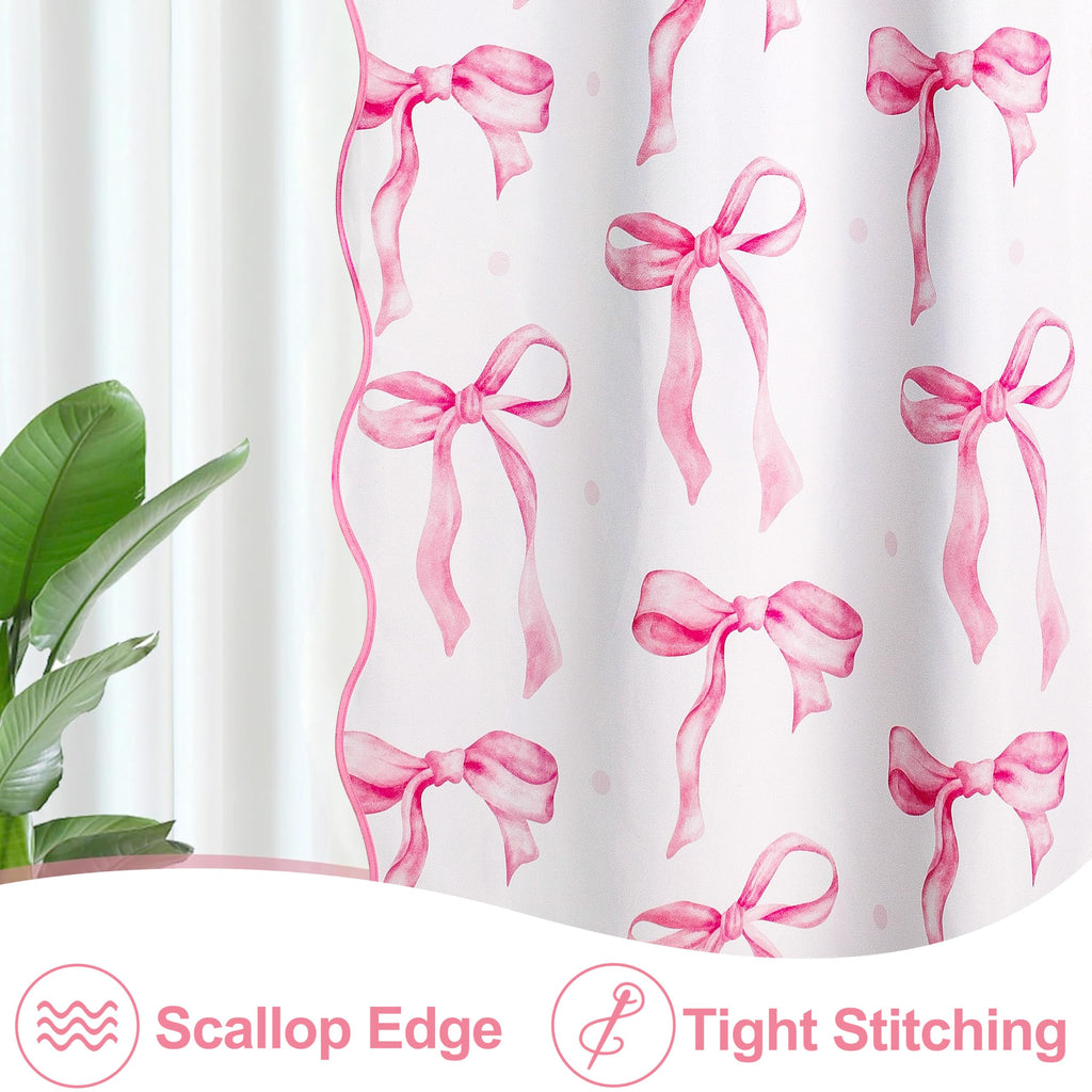 MUGINYU Girls Pink Bow Shower Curtain with Scalloped for Preppy Bathroom Decor,Cute Ruffle Girly Shower Curtains,Coquettecute Chic Aesthetic Shower Curtain Set with Hooks 72x72 Inch