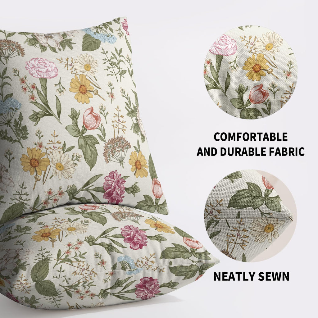 Spring Floral Pillow Covers 18X18 Set of 2, Botanical Print Green Flower Plant Pattern Decorative Throw Pillowcases Outdoor Farmhouse Seasonal Cushion Cases Couch Sofa Bed Decor