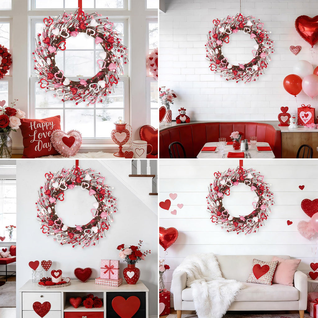 Ouddy Decor 20'' Valentine's Wreath for Front Door with Artificial Red Pink White Wooden Heart Shaped Berries for Valentines Gifts Romantic Night Event Anniversary Wedding Engagement Home Decorations