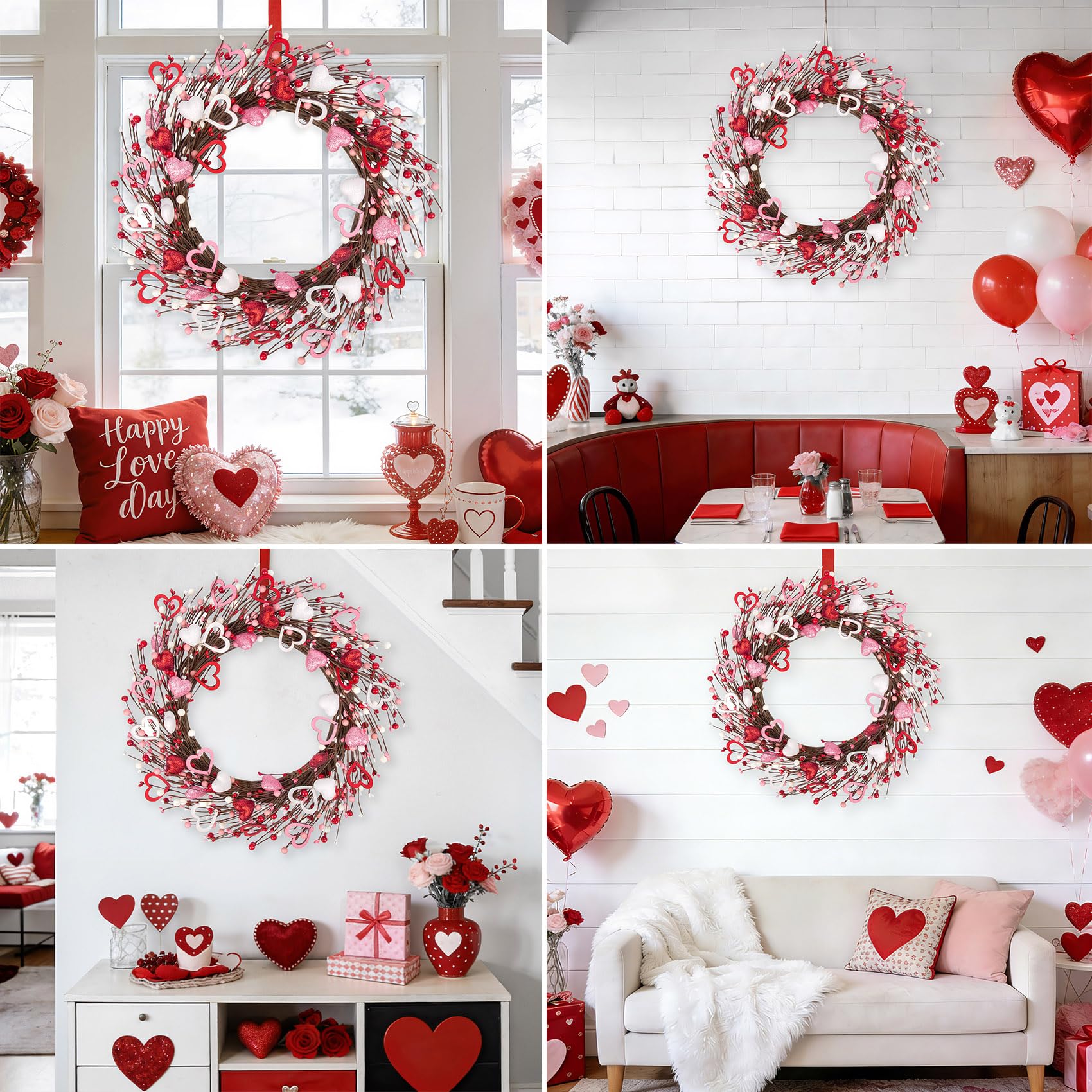Ouddy Decor 20'' Valentine's Wreath for Front Door with Artificial Red Pink White Wooden Heart Shaped Berries for Valentines Gifts Romantic Night Event Anniversary Wedding Engagement Home Decorations