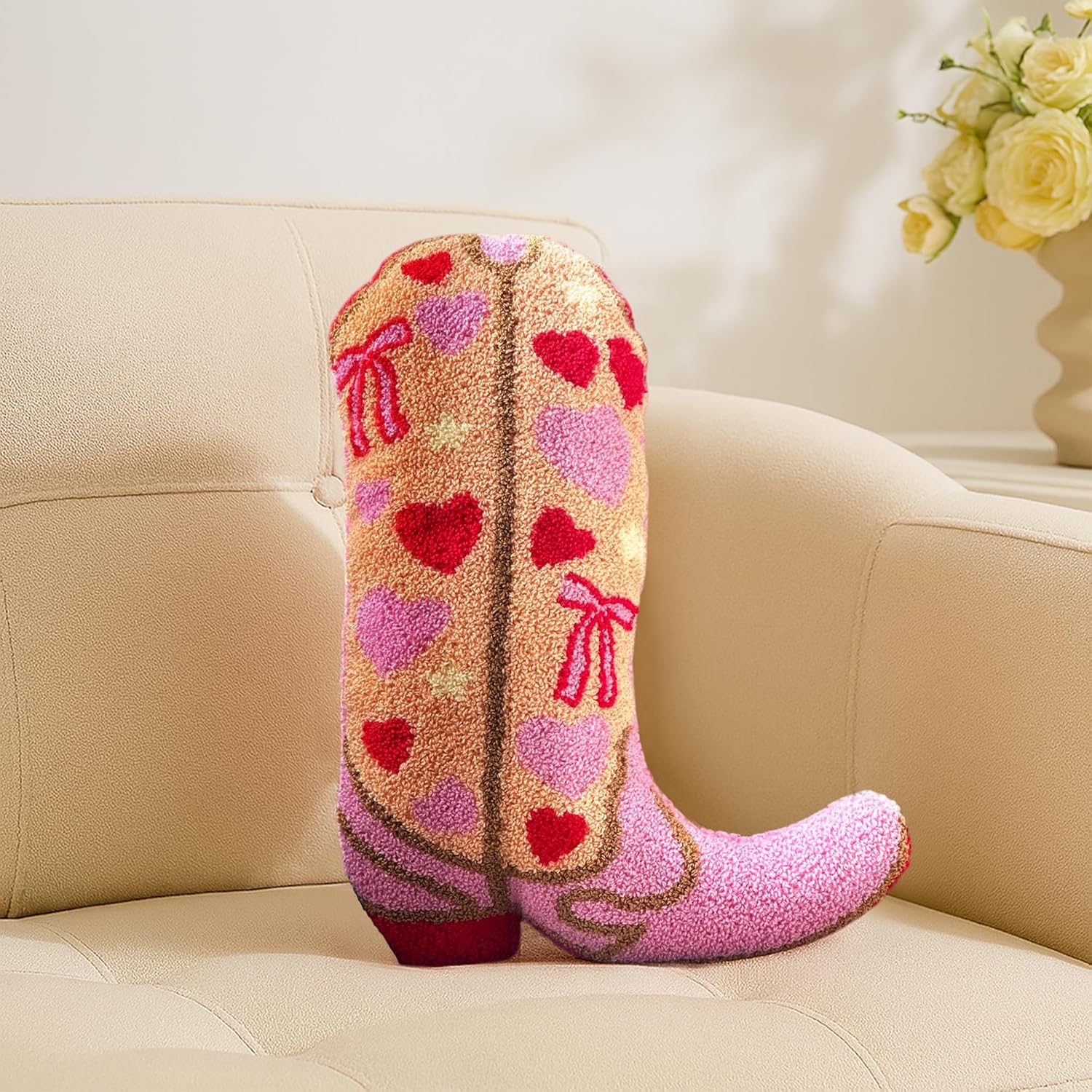 Cowgirl Boot Pillow for Pink & Preppy Aesthetic Room Decor - Textured Rodeo-Inspired Cowgirl Pillow with 3D Embroidered Pink & Red Hearts & Bows Design - Western Throw Pillows for Boho Decor