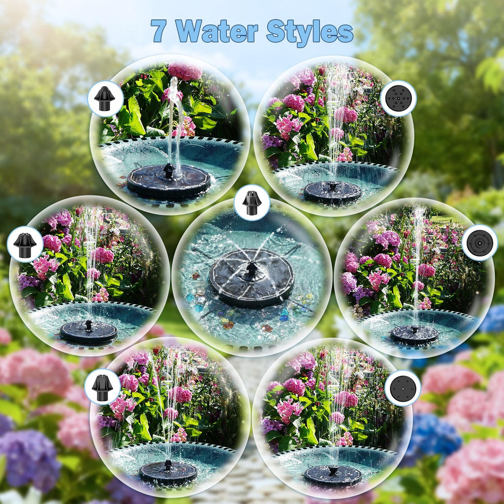Yzert Solar Fountain Pump - 3-Level Adjustable Water Height, 7 Nozzles, 2000mAh Battery | Ideal for Bird Baths & Gardens