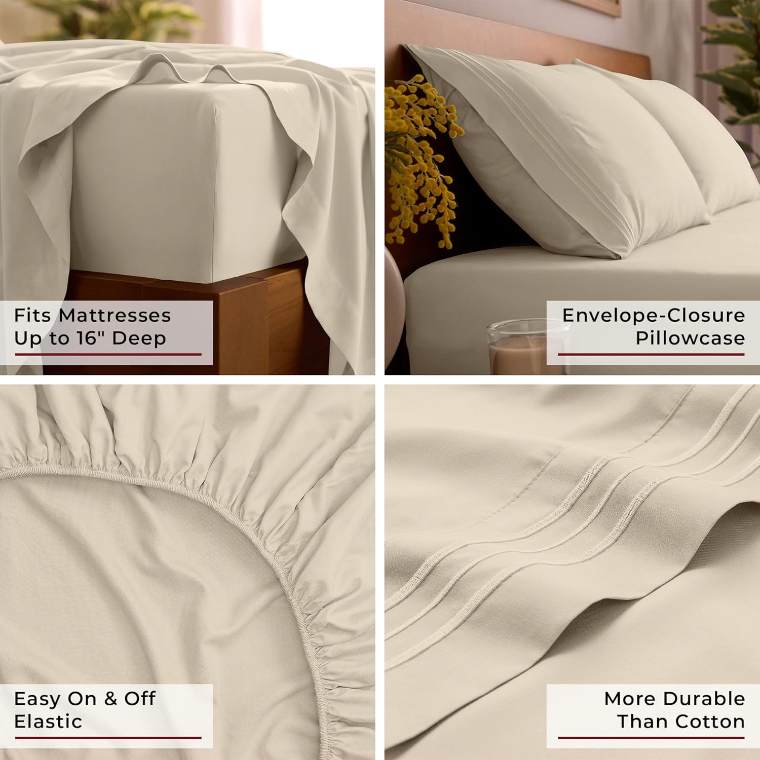 Mellanni Full Sheets Set - 4 PC Hotel Luxury Bedding | Extra Soft, Cooling & Stain Resistant (Beige)