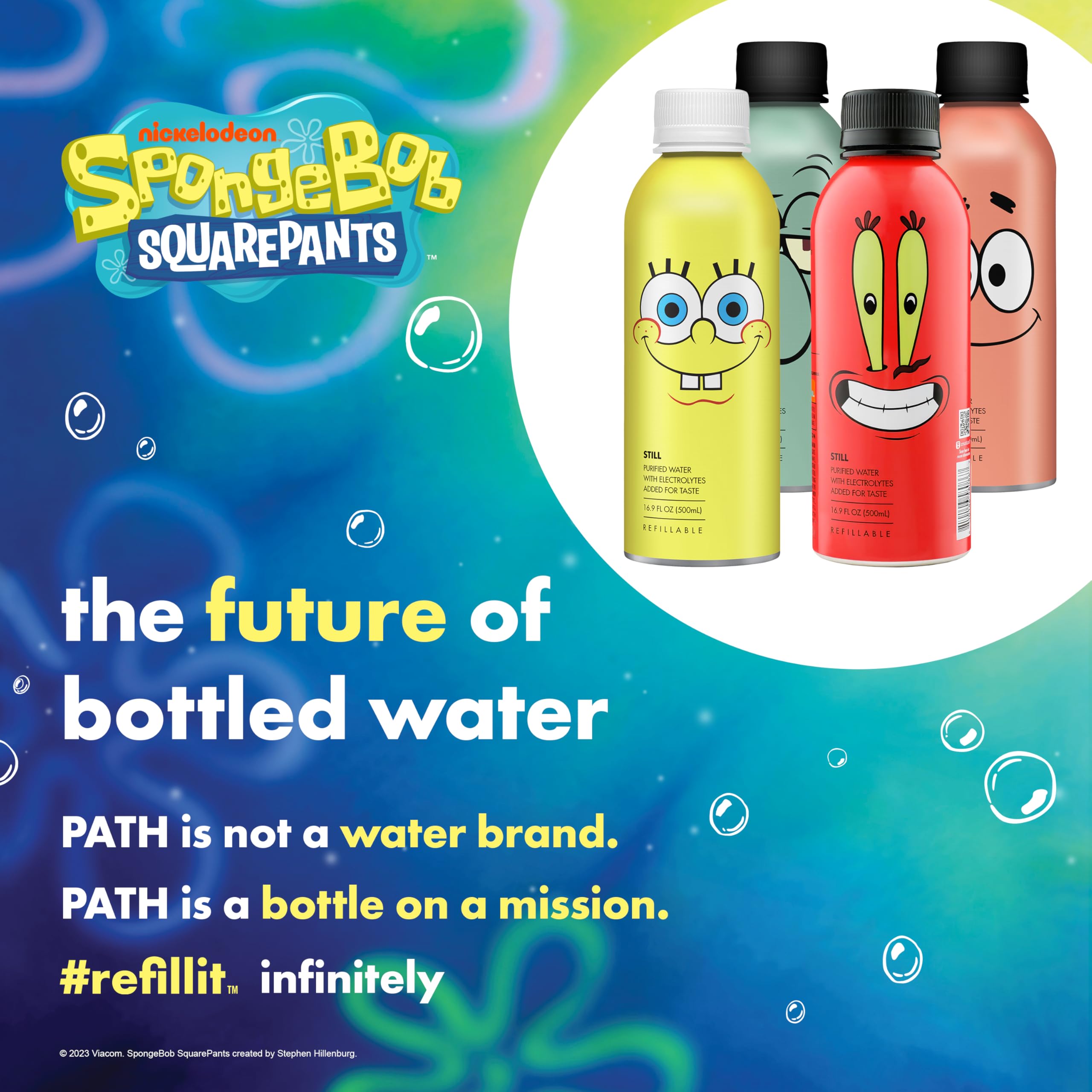 PATHWATER Still Water Ultra-Purified, pH-Balanced, Locally Sourced SpongeBob All-Stars Variety Pack Aluminum Bottle BPA Free, Reusable, Infinitely Recyclable Bottled Water 16.9oz (Pack of 12)