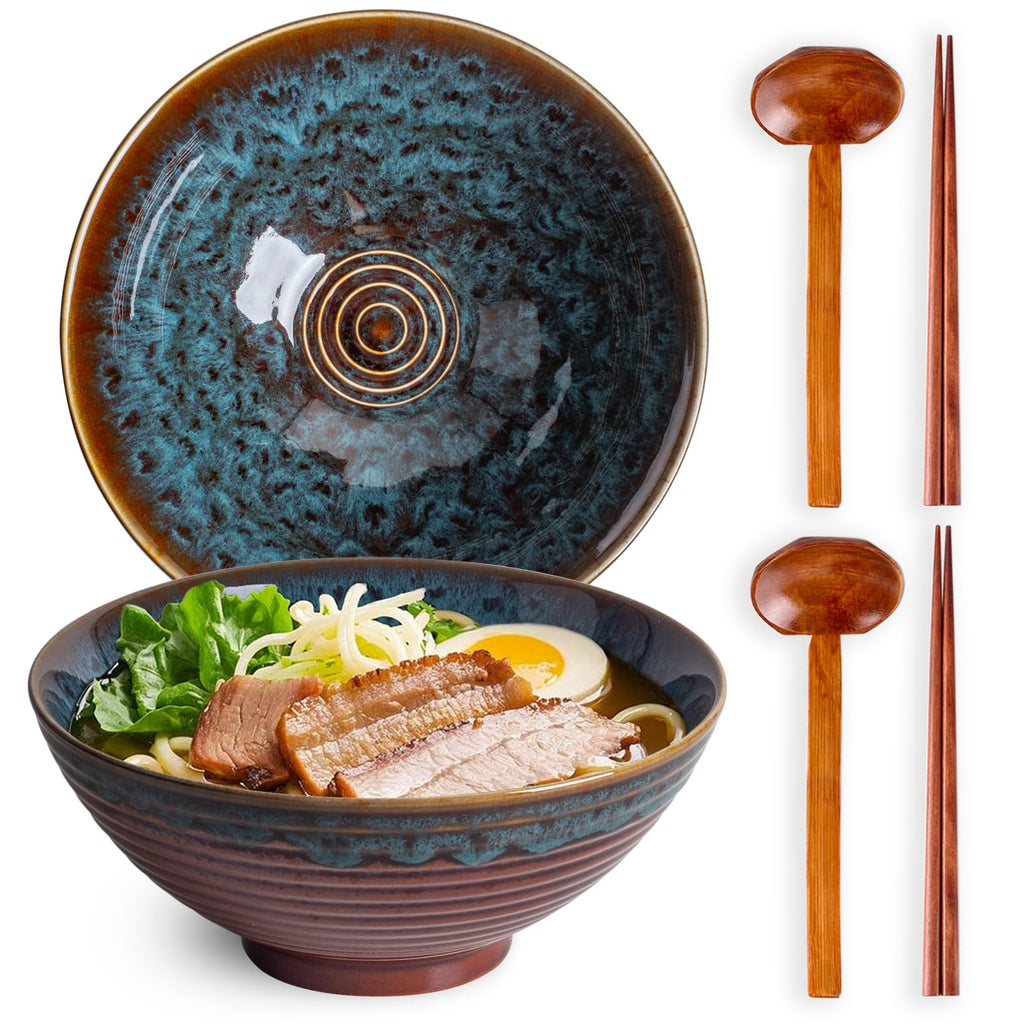 Tacuhy 40oz Japanese Ceramic Ramen Bowl Set of 2 with Chopsticks and Spoons for Pho Udon Asian Soup Noodles (Peacock Tail)