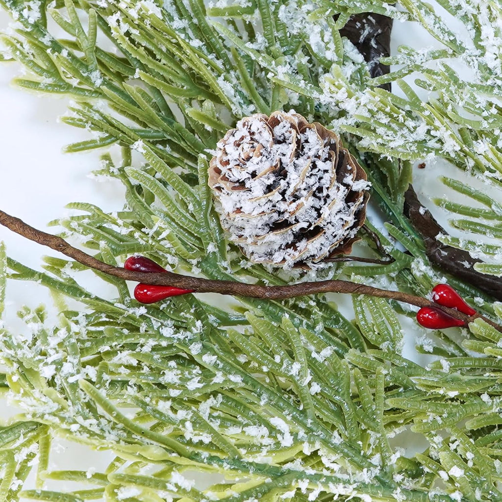 Winlyn Artificial Snowy Cedar Pine Candle Rings - 4 Pcs Mini Winter Wreaths with Pine Cones & Red Berries | 15.7" Wide for Festive Holiday Décor