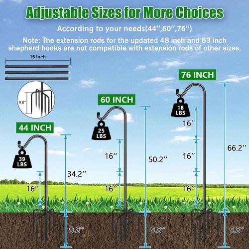 Feed Garden 76'' Heavy Duty Bird Feeder Pole - Adjustable Shepherds Hook for Hummingbird Feeders & Lanterns