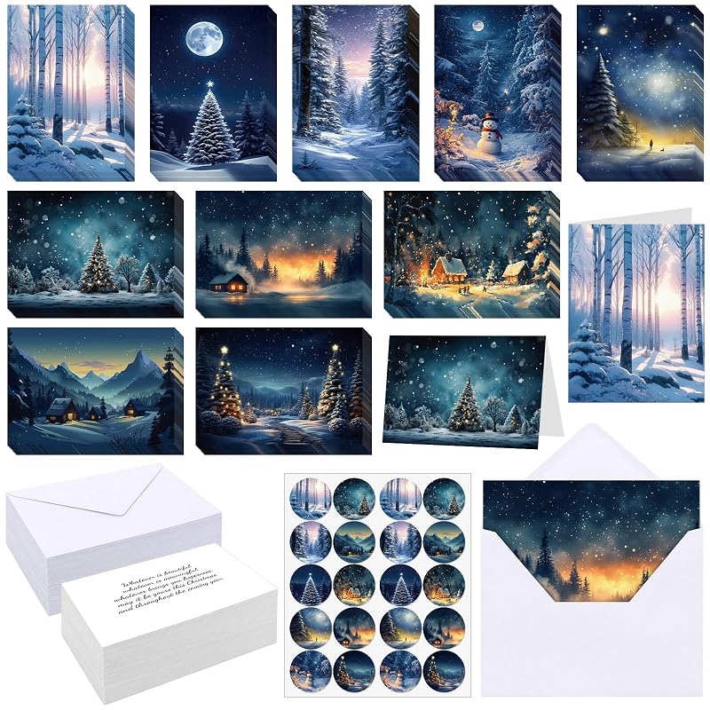 100 Sets Christmas Cards with Envelopes, Stickers, Winter Forest