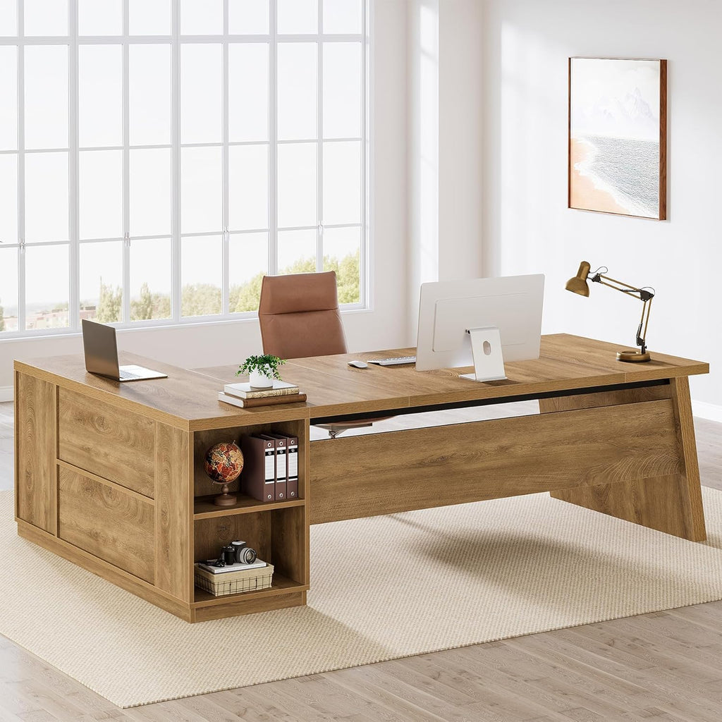 Tribesigns L Shaped Desk - Modern 78" Executive Office Table with Drawers & File Cabinet | Brown
