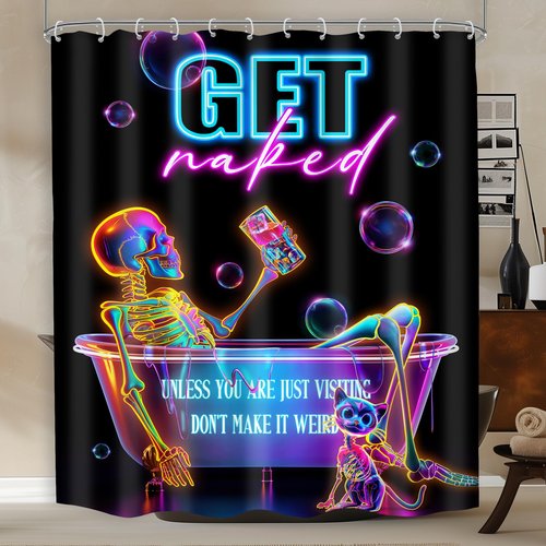 Mitpok Neon Funny Skull Shower Curtain 60Wx72H Skeleton Gothic Spooky Unique Cool Bone in Bathtub Bubbles Black Halloween Cat Modern Bathroom Decor Colorful Bath Curtain Fabric Polyester 12 Pack Hooks