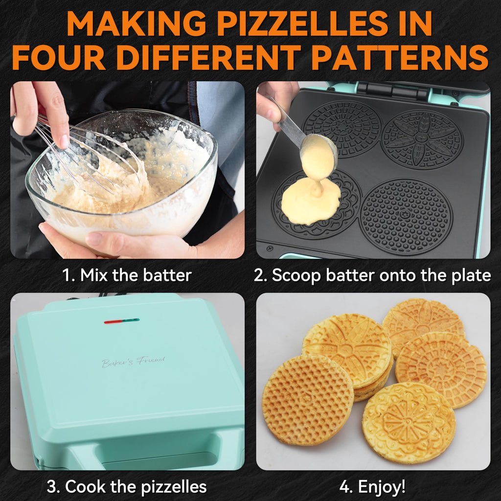 Baker’s Friend Pizzelle Maker Electric, 4 X 3.5” Pizzelle Waffle Cookies for Christmas Baking Supplies, Stroopwafel Iron, Cookie Maker Machine with Pattern, Thin Waffle Maker, Aqua