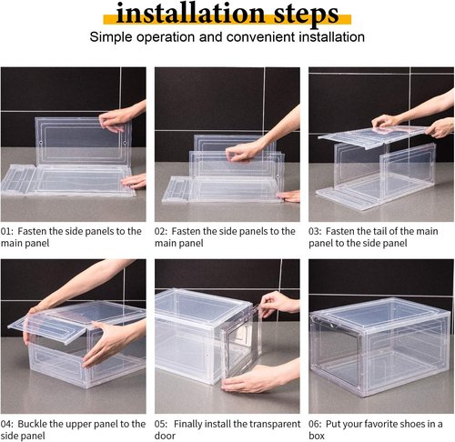 Attelite Shoe Box | Set of 6 Stackable Clear Organizers with Magnetic Door - Fits US Size 12, Black