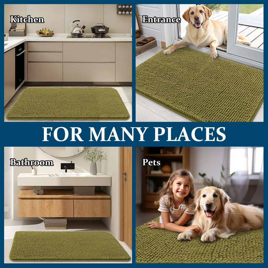 OLANLY Dog Door Mat - Absorbent Non-Slip Washable Doormat for Muddy Paws | 54x32, Quick Dry Chenille, Willow Green