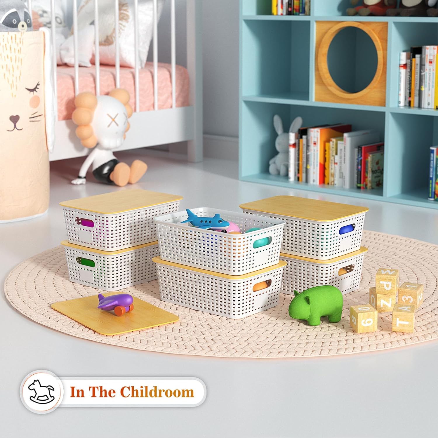 Ohmlove Plastic Storage Baskets - Stackable Containers with Bamboo Lid for Organizing | 6-Pack Set