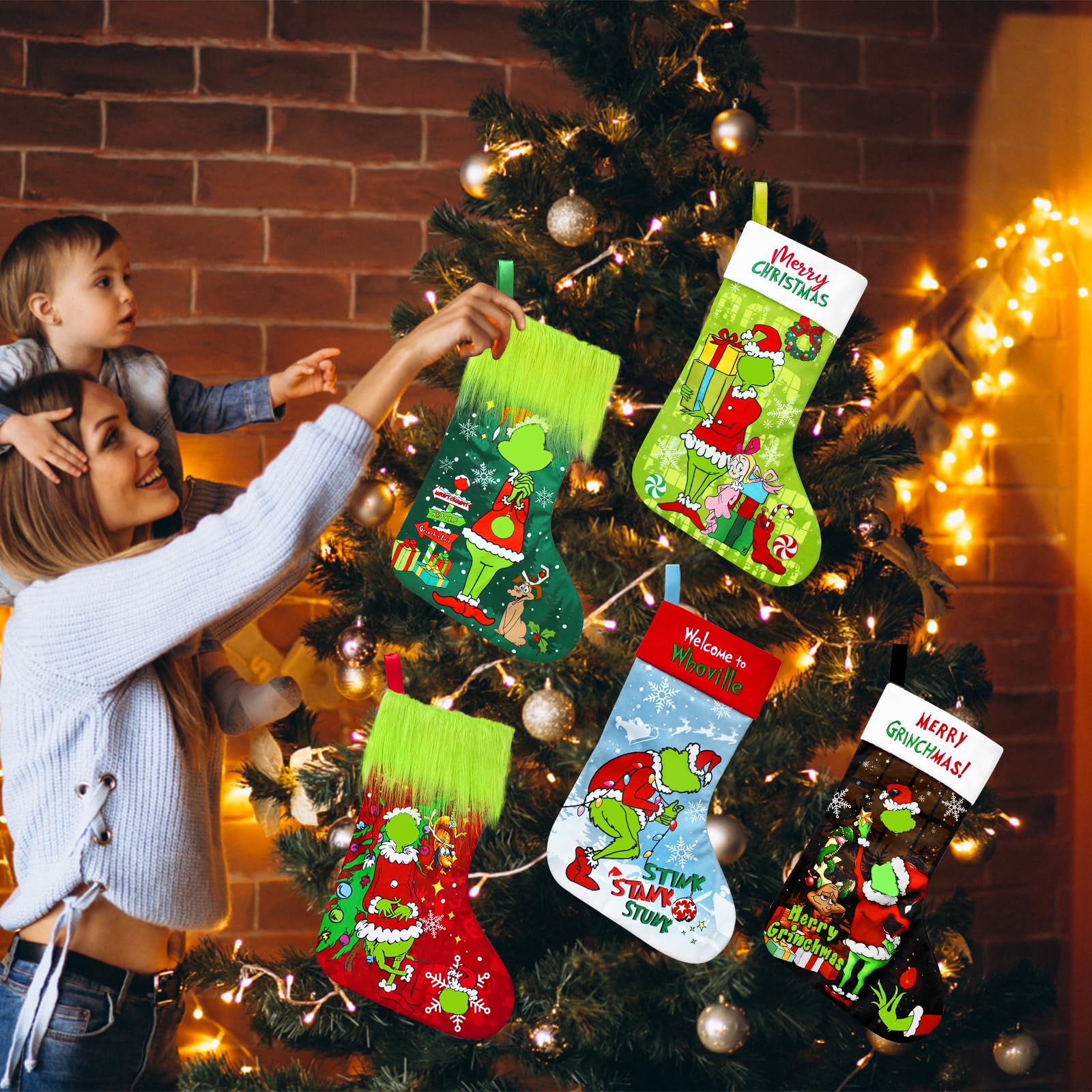 LeeSky 5 Pack Christmas Stockings, Funny Xmas Stocking Holder, 18 Inch Large Christmas Hanging Stockings Gift Bag for Kids Holiday Fireplace Xmas Tree Hanging Decor