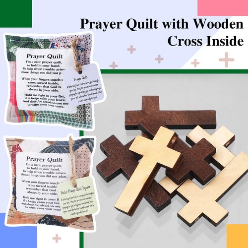Fanfanwin 2 Pack Prayer Quilt with Cross Inside Squares Pocket Mini Scripture Prayer Quilt Encouragement Christmas Christian Gifts for Women Pastor Appreciation