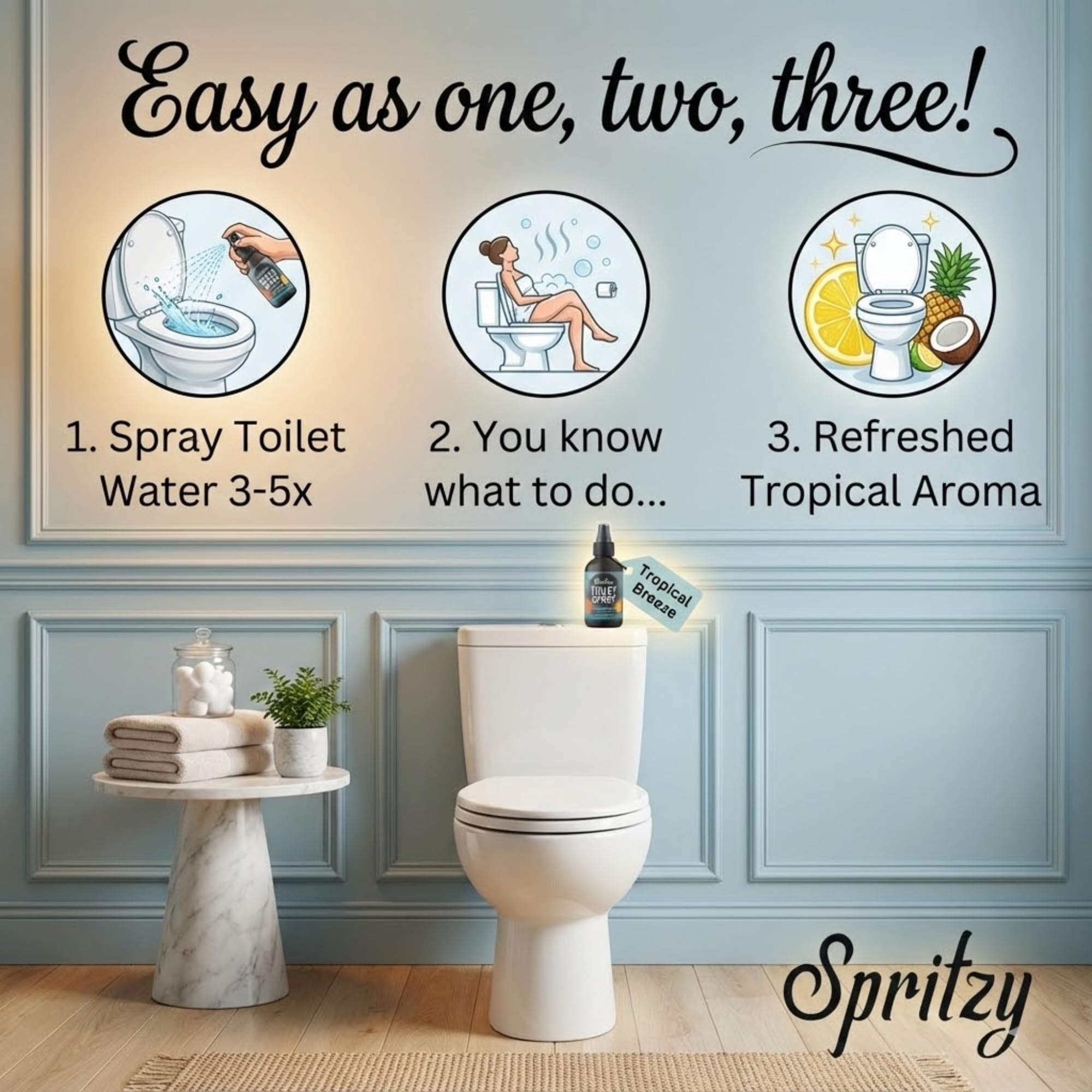Toilet Spray (4 fl oz) | 600+ Sprays | Bathroom Spray w/Many Scents – Restroom & Bathroom Odor Eliminator – Essentials for a Fresh, Confident Bathroom (Tropical Breeze)