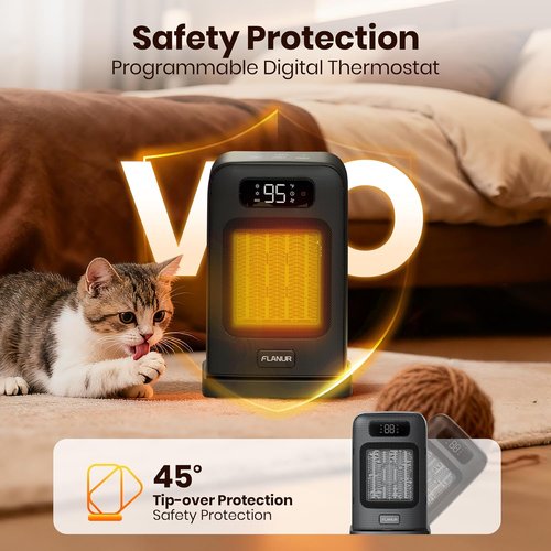 FLANUR 1500W Space Heater - Compact Desk Heater with Remote, Thermostat & 12H Timer | Oscillating Black Design for Home & Office