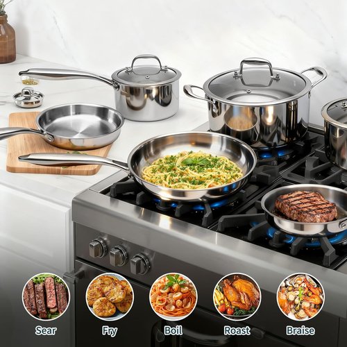 AIVIKI 10-Piece Stainless Steel Cookware Set - Induction & Oven Safe to 500℉ | Chef Quality Pots & Pans