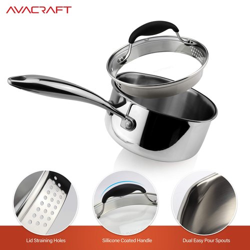 AVACRAFT Tri-Ply Stainless Steel Saucepan with Glass Strainer Lid, Two Side Spouts, Ergonomic Handle, Multipurpose Sauce Pan with Lid, Sauce Pot, Cooking Pot (Tri-Ply Full Body, 1.5 Quart)
