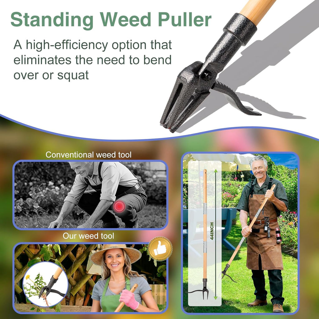 Skiennix Stand-Up Weed Puller Tool - 4-Claw Steel Head with Wooden Handle | Effortless Weeding Without Bending