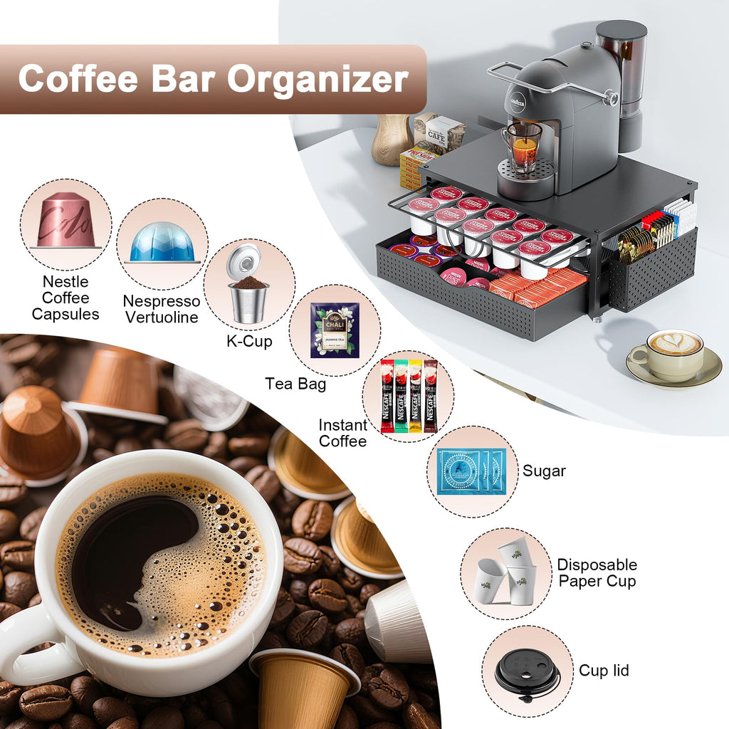 K Cup Holder, Coffee Pod Holder with 2 Tier Sliding Storage Drawer and 1 Hanging Basket for 51 Large or 73 Small Capsule,K Cup Coffee Station Organizer Accessories for Counter,Home,Office,Kitchen