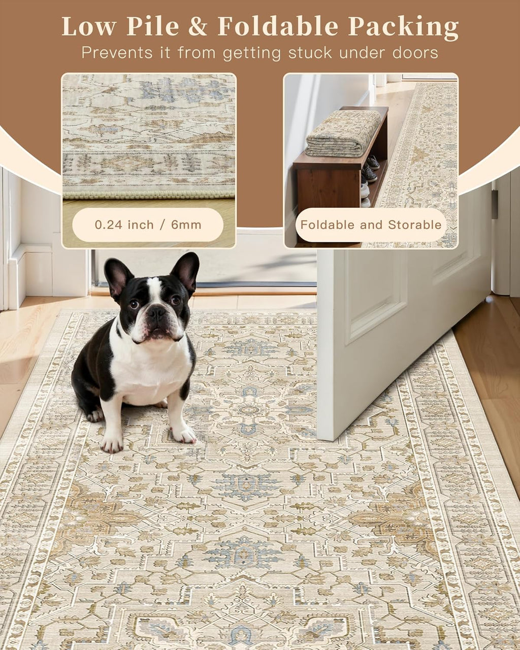 Madane Hallway Runner - Vintage Washable 3x8 Kitchen Rug | Non-Slip Indoor Area Carpet in Beige/Blue