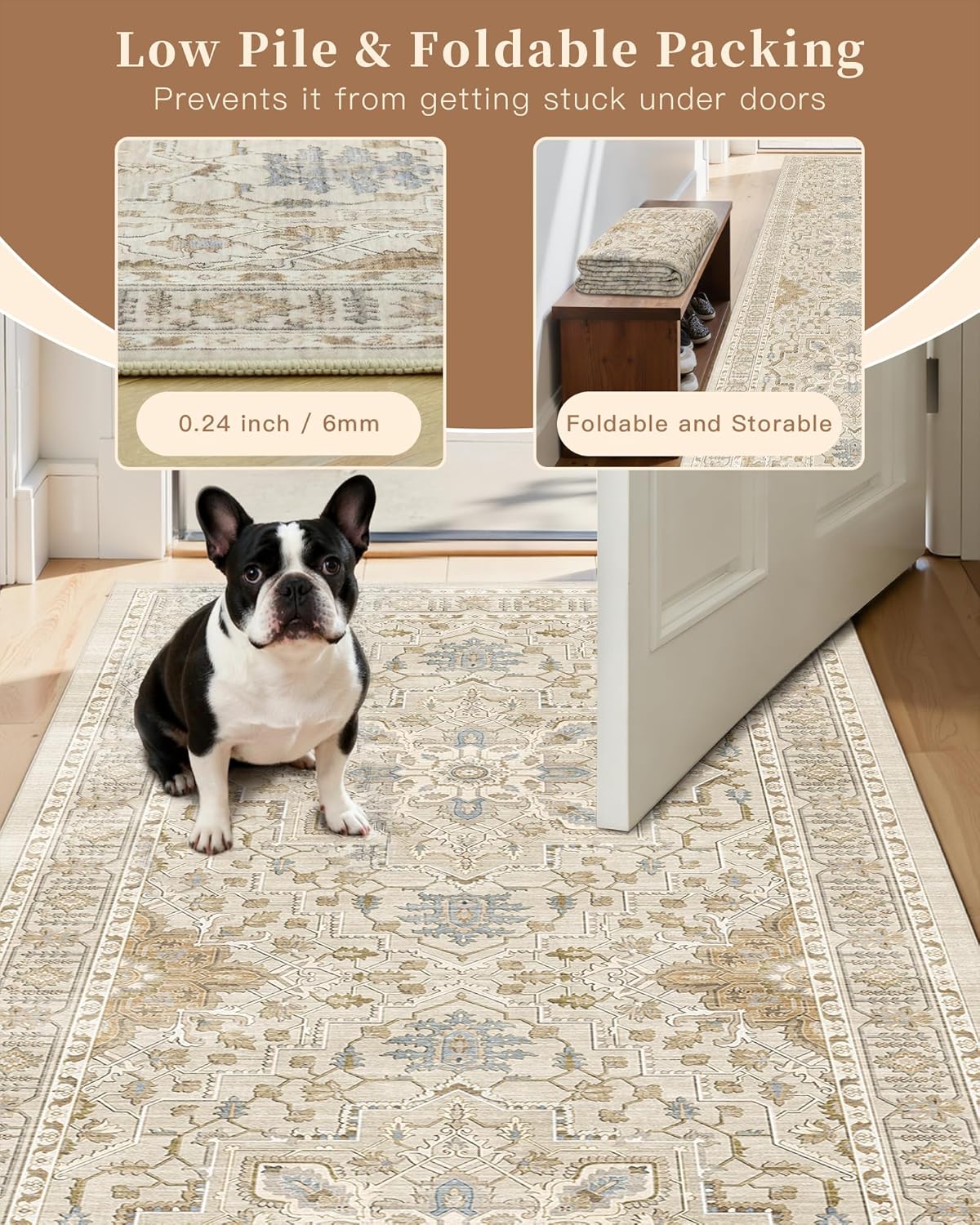 Madane Hallway Runner - Vintage Washable 3x8 Kitchen Rug | Non-Slip Indoor Area Carpet in Beige/Blue