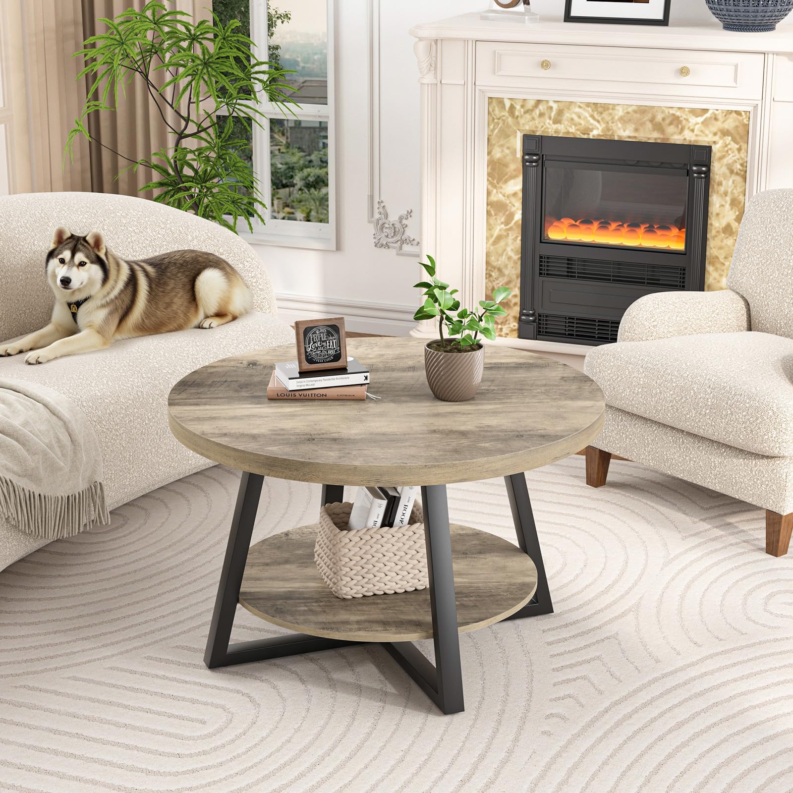 GreenForest Round Coffee Table with Storage, 30 inch Circle Center Tables for Living Room, Modern Sofa Table for Small Spaces, Home Office, Easy Assembly, Grey Wash