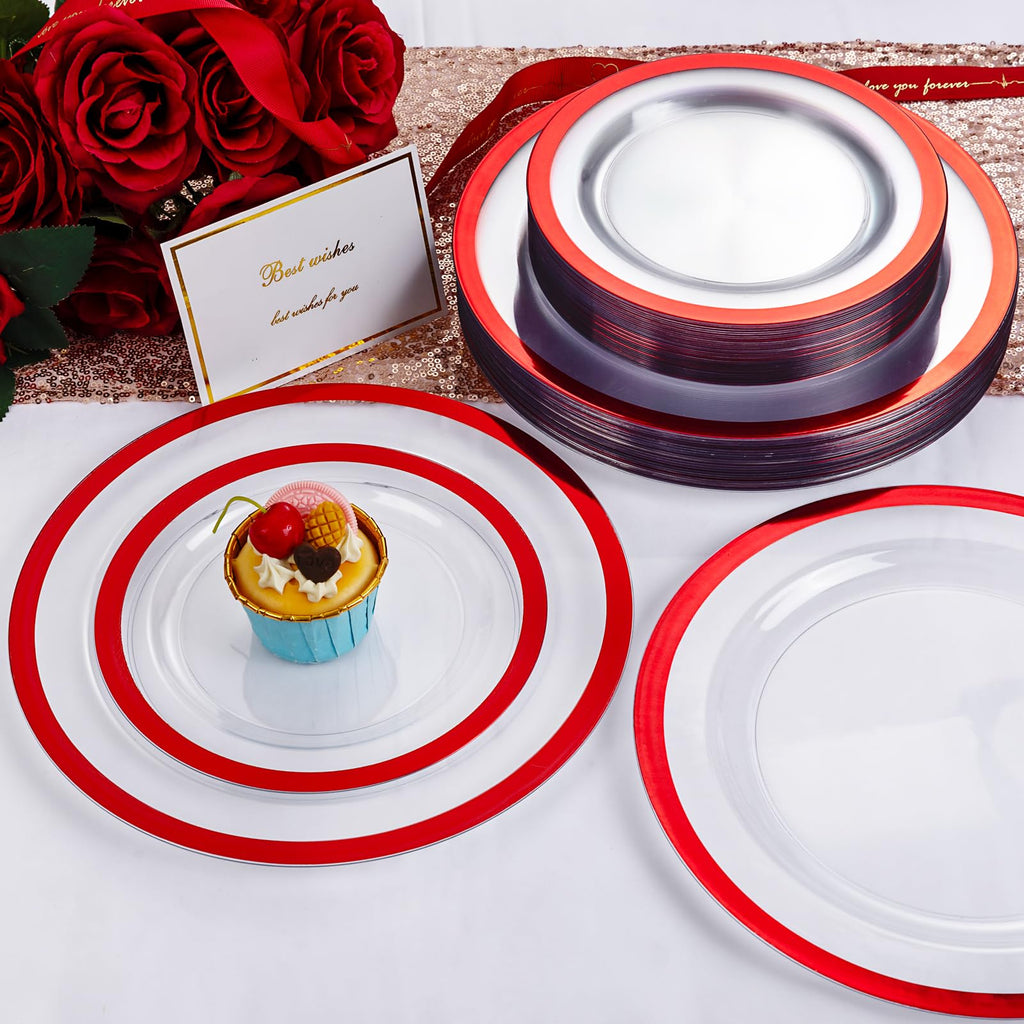 U-QE 120PCS Red Plastic Plates for Party - Red Plates Disposable Heavy Duty - Fancy Disposable Plates Include 60 10" Dinner and 60 7" Dessert Platos for Party, Mother's Day & Special Moments