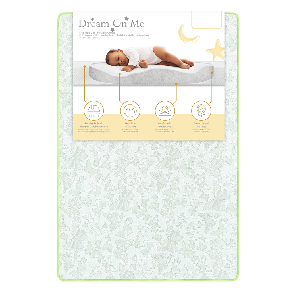 Dream On Me 2-in-1 Breathable Two-Sided 3" Portable Crib Mattress | Waterproof Cover | Dual Sided | Fits Portable/Mini Cribs | Fiber Core | Promotes Airflow, 1 Count (Pack of 1)