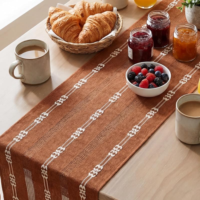 Caramel Farmhouse Embroidered Table Runner 13x60 Inch - Seasonal Fall Kitchen Decor