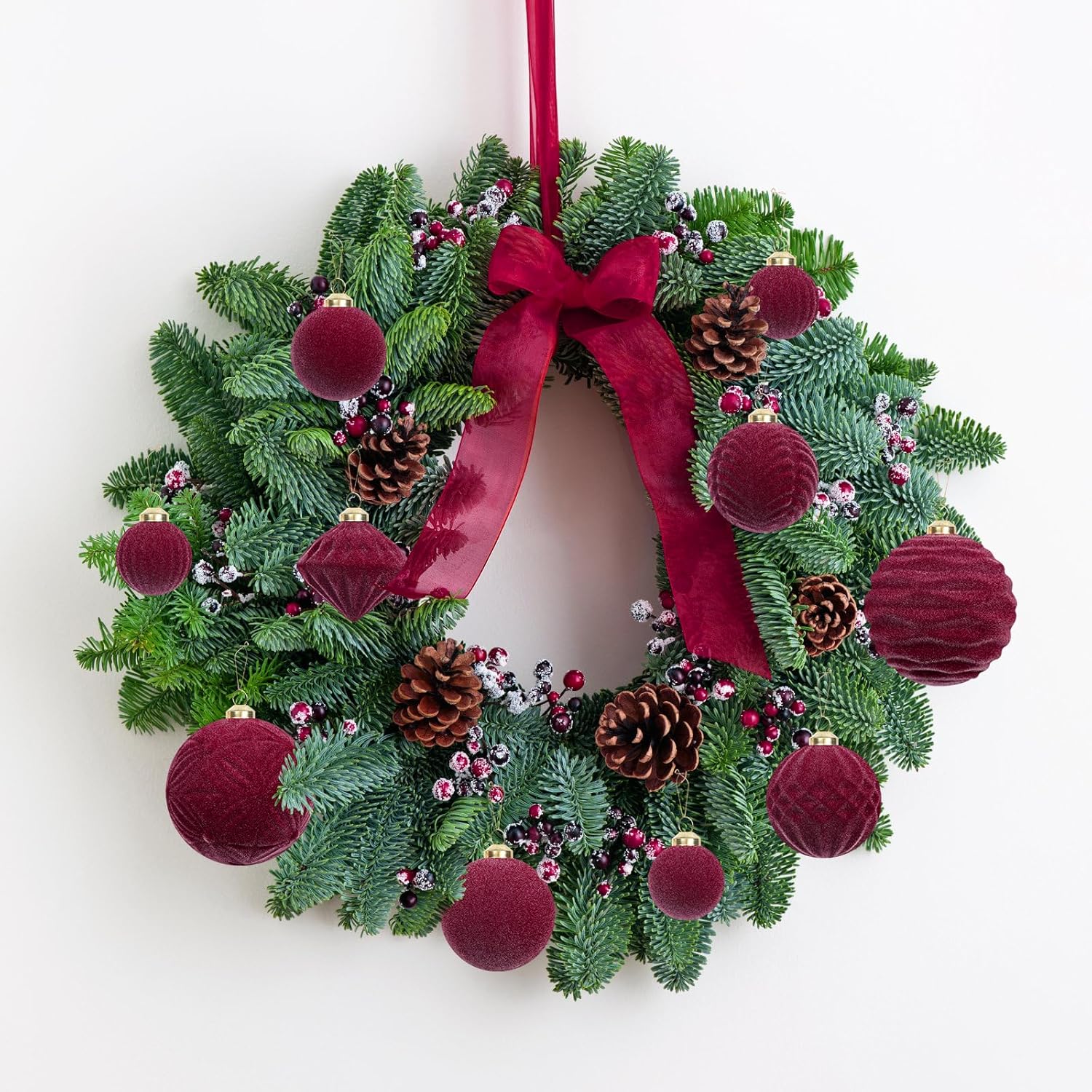 Super Holiday Velvet Christmas Ornaments Set - 35PCS Flocked Shatterproof Hanging Decorations | Burgundy