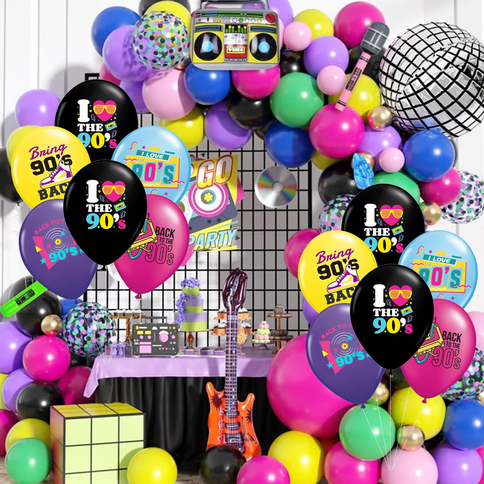 90s Balloons 30 Pcs Back to The 90's Balloon Retro Radio Boombox CD Neon Balloon for 90's Hip Hop, Rock and Roll Party, Throwback Birthday Decor, 90s Party Decorations