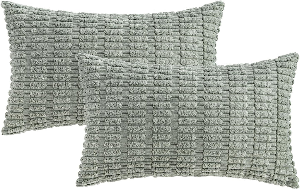 MIULEE Decorative Lumbar Pillow Covers - Soft Boho Striped Corduroy | 20x12 Inch, Greyish Green, Pack of 2