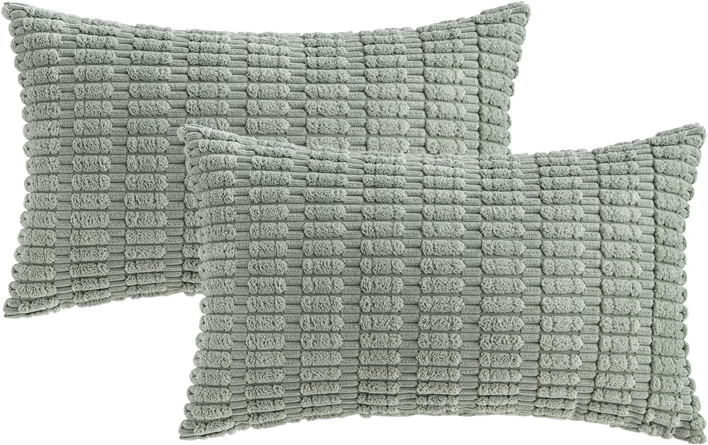 MIULEE Decorative Lumbar Pillow Covers - Soft Boho Striped Corduroy | 20x12 Inch, Greyish Green, Pack of 2