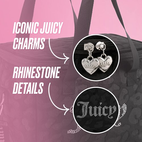 Juicy Couture Chill Couture Lunch Tote Bag With Adjustable Strap, Black Debossed Leopard Velour with Silver Juicy Rhinestones - Women's Lunch Box Bag for Work, School, Travel