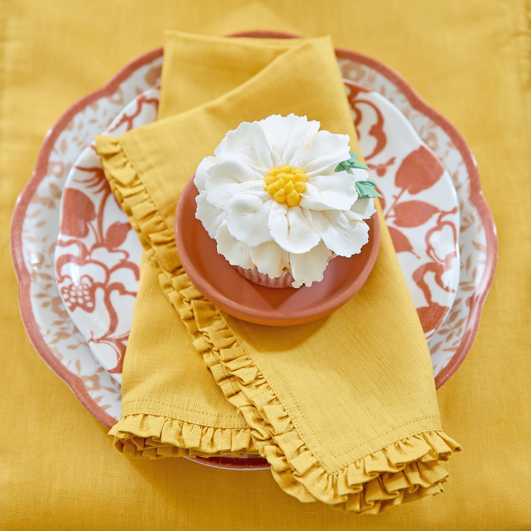 Solino Home Mustard Yellow Linen Dinner Napkins 20 x 20 Inch - 100% Pure Linen Juliette Ruffle Cloth Napkins Set of 4 for Spring, Summer, Mothers Day - Handcrafted and Machine Washable
