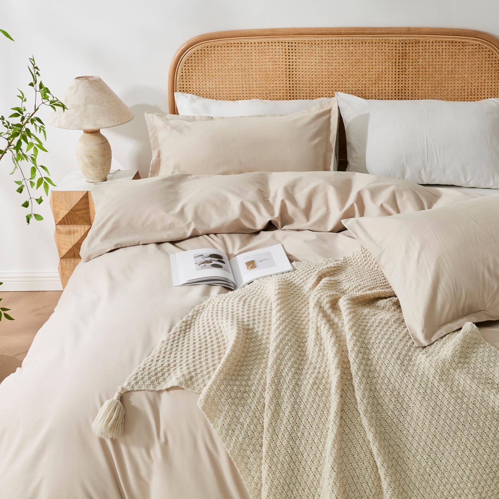 OAITE 100% Washed Cotton Duvet Cover Queen Size Soft Breathable Durable Bedding with Zipper Closure & 8 Corner Ties- 3 Pieces Plain Simple Duvet Cover Set,2 Pillow Shams,1 Duvet Cover(90"x90")